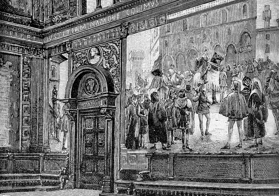 Macerata – Parte destra dell’Aula Magna (xilografia)