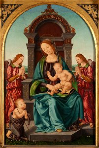 Madonna and Child with the Infant St John and Angels (Lorenzo di Credi) - Nationalmuseum - 19492. Free illustration for personal and commercial use.