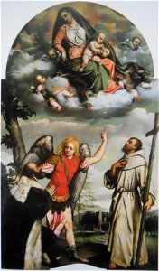 Madonna col Bambino in gloria con san Francesco e san Michele Arcangelo che presenta un donatore. Free illustration for personal and commercial use.