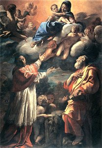 Madonna con Bambino e i santi Carlo Borromeo e Bartolomeo - Lanfranco. Free illustration for personal and commercial use.