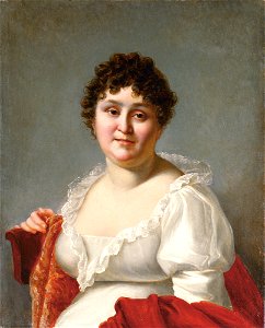 Madame Regnault, bust-length, in a white dress and persimmon shawl, by Jean-Baptiste Regnault