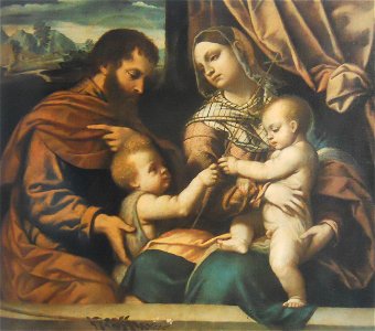 Madonna col Bambino, san Giovanni Battista fanciullo e san Giuseppe in veste di donatore. Free illustration for personal and commercial use.
