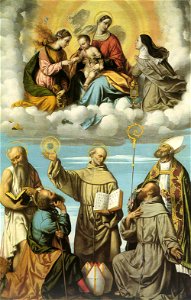 Madonna col Bambino in gloria con le sante Caterina e Chiara, in basso i santi Girolamo, Giuseppe, Bernardino da Siena, Francesco e Nicola di Bari