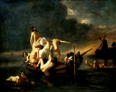 Nicolaes Maes - Children bathing. Free illustration for personal and commercial use.