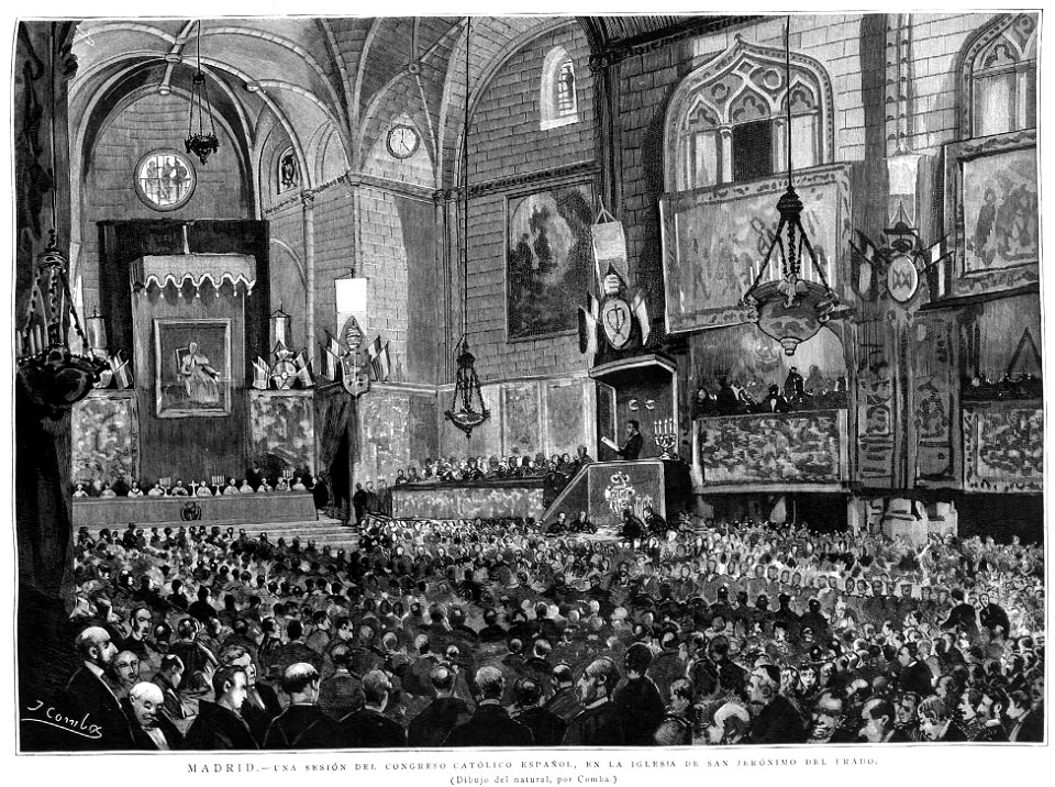 Madrid, una sesión del Congreso Católico Español, en la iglesia de San Jerónimo del Prado (dibujo del natural, por Comba)
