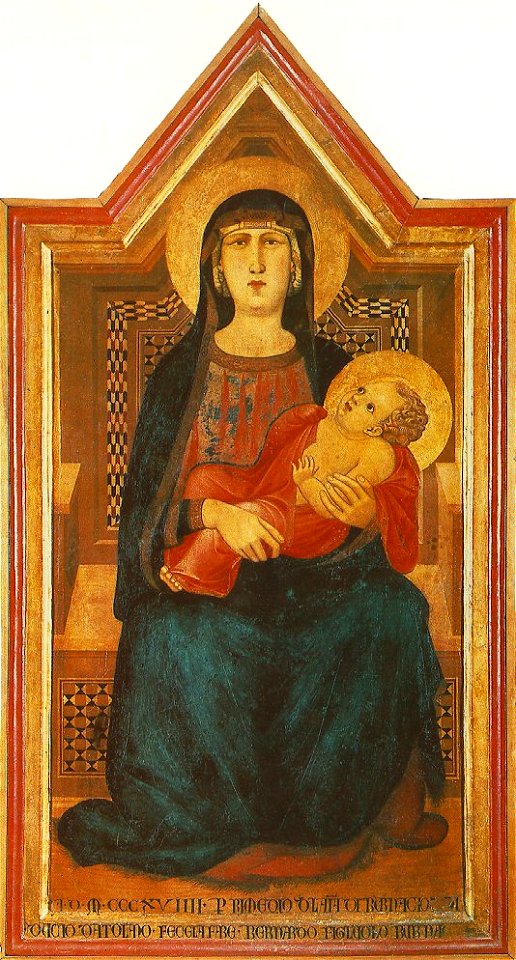 Madonna con bambino di vico l'abate, ambrogio lorenzetti, 1319, 78x148cm san casciano, museo di arte sacra