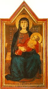 Madonna con bambino di vico l'abate, ambrogio lorenzetti, 1319, 78x148cm san casciano, museo di arte sacra