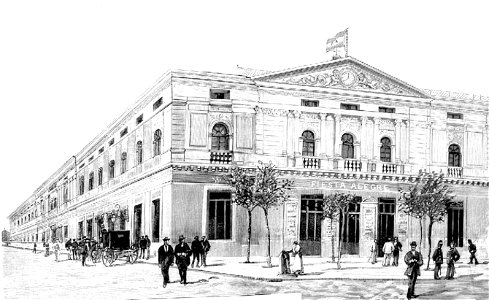 Madrid. Frontón Fiesta Alegre, de Comba, La Ilustración Española y Americana, 15-05-1892. Fachada (cropped). Free illustration for personal and commercial use.