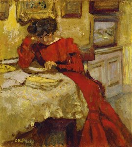Madame Hessel en robe rouge lisant 2008 PAR 05590 0018 