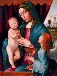 Madonna and Child with Angel, by Francesco Francia. Free illustration for personal and commercial use.