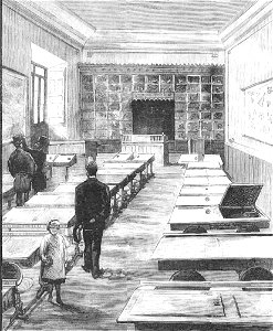 Madrid, Escuela-Modelo, inaugurada el 21 de septiembre de 1885, clase de niñas en el piso principal, de Comba, La Ilustración Española y Americana, 30-09-1885 (cropped)
