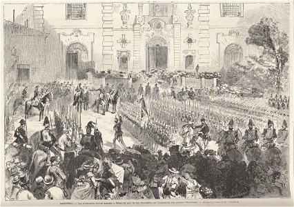 Madrid - La première revue passée à Madrid par le roi Amédée, en l'honneur du prince Humbert (D'après le croquis de M. Urrabieta)