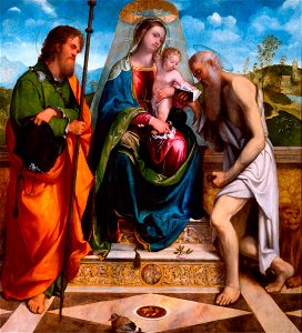 Madonna in trono col Bambino tra i santi Giacomo Maggiore e Girolamo. Free illustration for personal and commercial use.