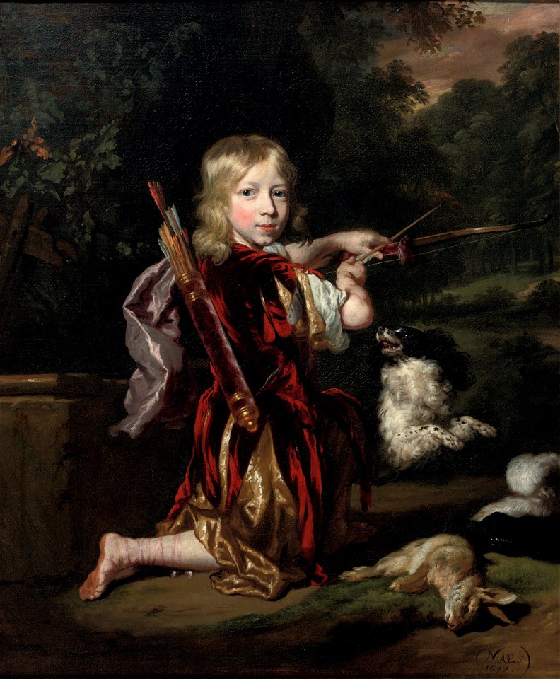 Nicolaes Maes - Portrait d'un garçon avec la flèche et l'arc (1673)