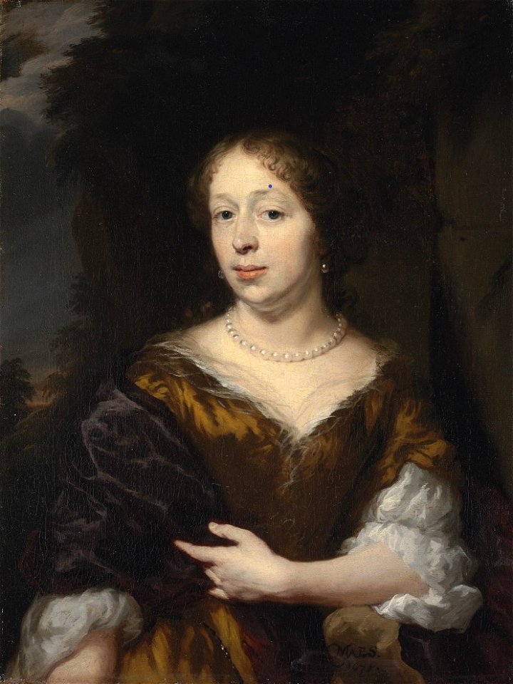 Nicolaes Maes - Portrait of a lady, half-length, in a golden dress with a blue mantle, and pearls, in a landscape
