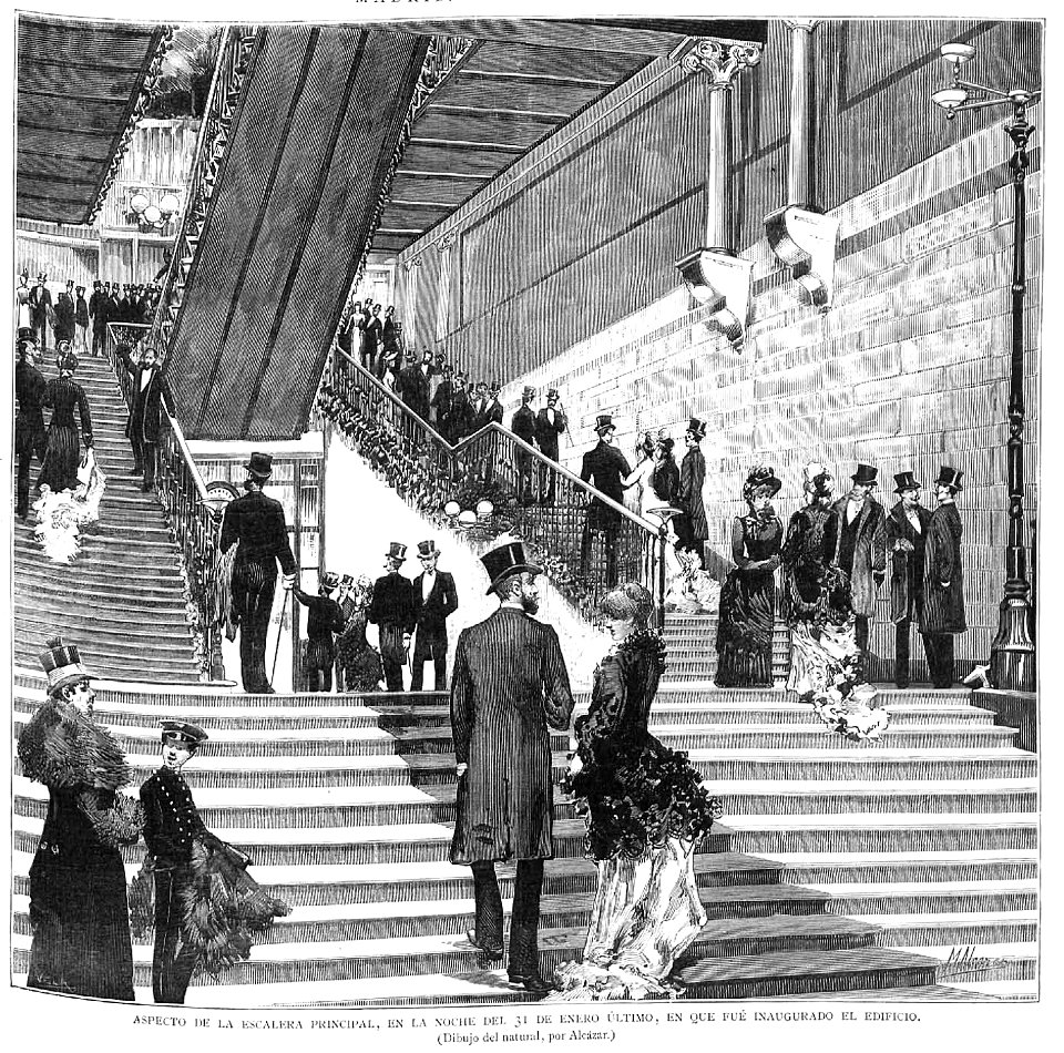 Madrid, nuevo Ateneo, aspecto de la escalera principal, en la noche del 31 de enero último, en que fue inaugurado el edificio, dibujo del natural por Alcázar