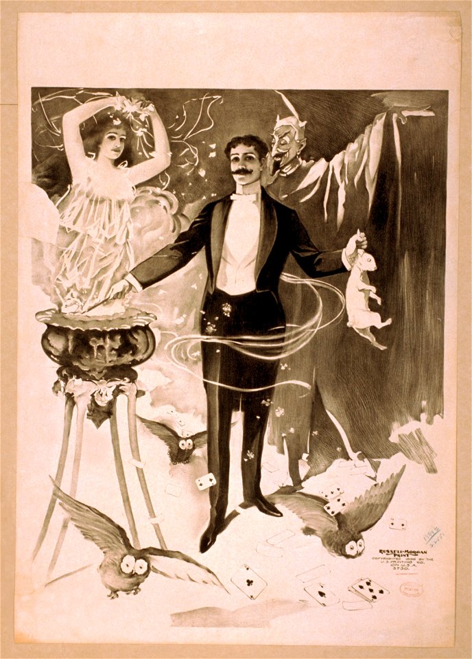 Magician holding rabbit and conjuring spirit surrounded by demon and owls LCCN2014636965