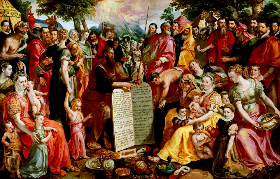 Maerten de Vos - Mozes toont de tafelen der wet aan de Israëlieten, met portretten van leden van de familie Panhuys, hun verwanten en vrienden - 249 - Mauritshuis