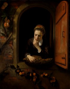 Meisje aan het venster, bekend als 'De peinzende' Rijksmuseum SK-A-245. Free illustration for personal and commercial use.