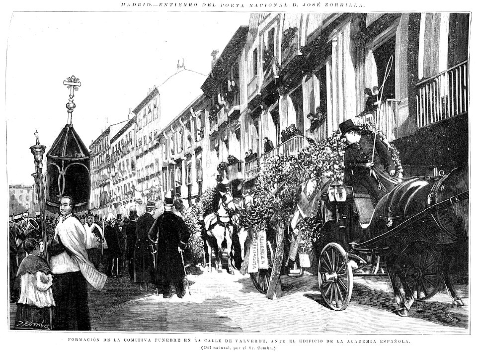 Madrid, entierro de Zorrilla, formación de la comitiva fúnebre en la calle de Valverde, ante el edificio de la Academia Española