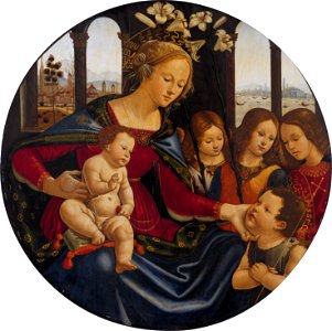 Madonna and Christ Child with Infant Saint John the Baptist and Three Angels by Workshop of Domenico Ghirlandaio. Free illustration for personal and commercial use.