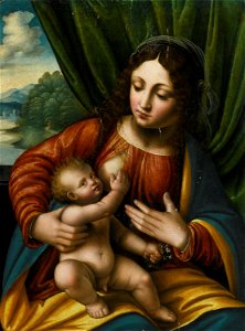 Madonna and Child before Green Curtain and Window with Landscape by Cesare Magni