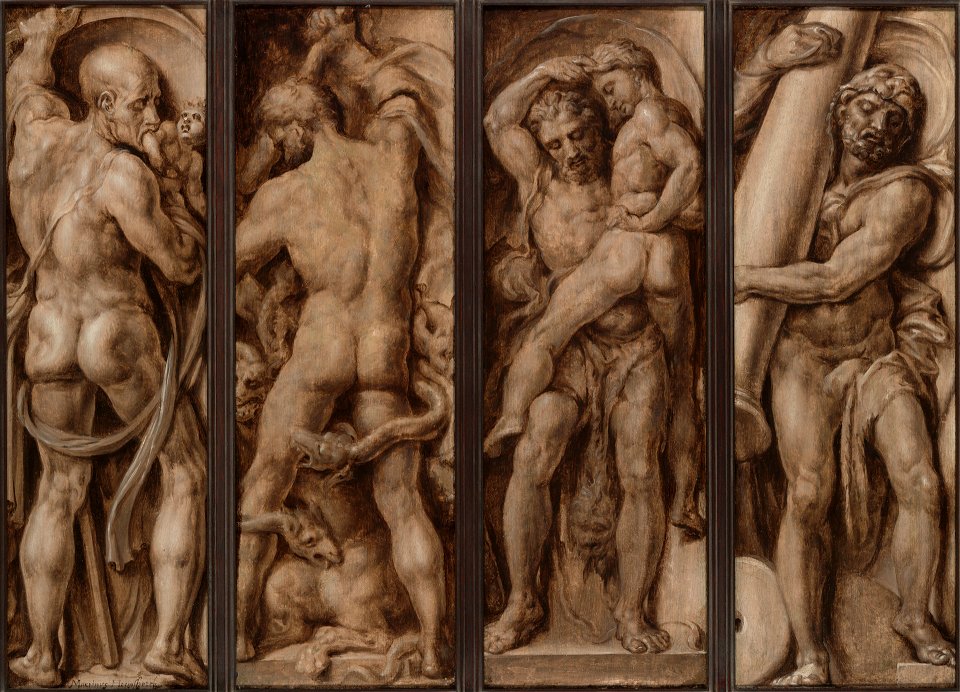 Maerten van Heemskerck - Saturn Devouring a Child, Hercules Slaying the Hydra, Hercules Lifting Antaeus, Hercules Erecting th - 1960.50a-d - Yale University Art Gallery