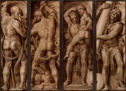 Maerten van Heemskerck - Saturn Devouring a Child, Hercules Slaying the Hydra, Hercules Lifting Antaeus, Hercules Erecting th - 1960.50a-d - Yale University Art Gallery
