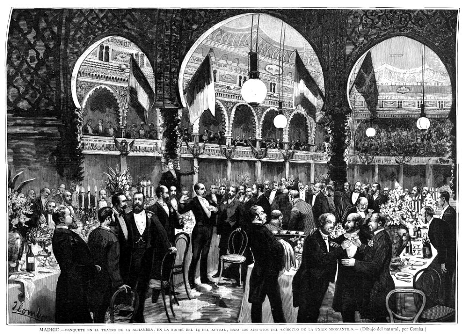 Madrid. — Banquete en el Teatro de la Alhambra, en la noche del 14 del actual, bajo los auspicios del «Círculo de la Unión Mercantil»