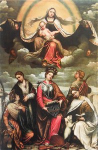 Madonna col Bambino in gloria con le sante Caterina, Lucia, Cecilia, Barbara e Agnese. Free illustration for personal and commercial use.