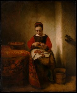Nicolaes Maes - Young Girl peeling Apples. Free illustration for personal and commercial use.