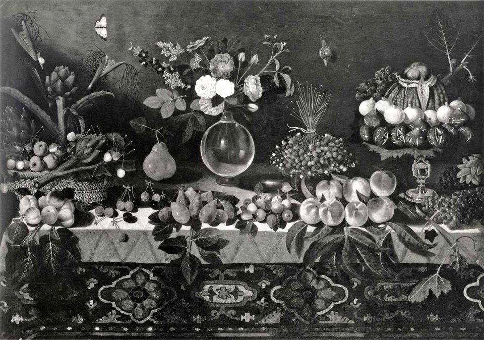 Maestro della natura morta di Hartford - Natura morta con frutta, carciofi, vaso di fiori, cesto e alzata, F. Mont