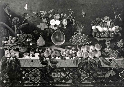 Maestro della natura morta di Hartford - Natura morta con frutta, carciofi, vaso di fiori, cesto e alzata, F. Mont