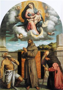 Madonna col Bambino in gloria con i santi Girolamo, Francesco d'Assisi e Antonio Abate. Free illustration for personal and commercial use.