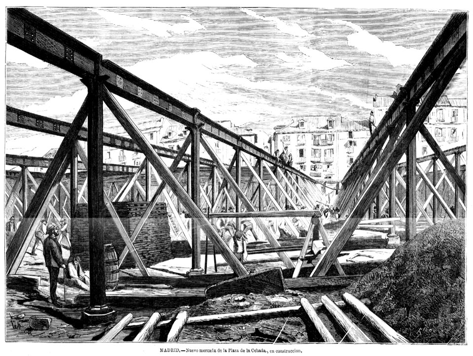 Madrid, nuevo mercado de la plaza de la Cebada, en construcción, de Pellicer, La Ilustración Española y Americana, 24 de enero de 1873