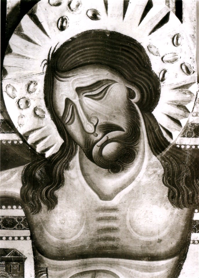 Maestro della croce 434, crocifisso 434, uffizi, dettaglio della testa prima del restauro, forse ridipinta da coppo