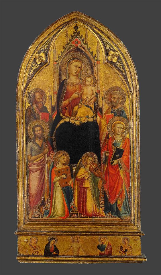 Maestro della Misericordia - La Virgen y el Niño entronizados con los santos Juan Bautista, Pablo, Pedro, Tomás y ángeles músicos, c. 1380-85