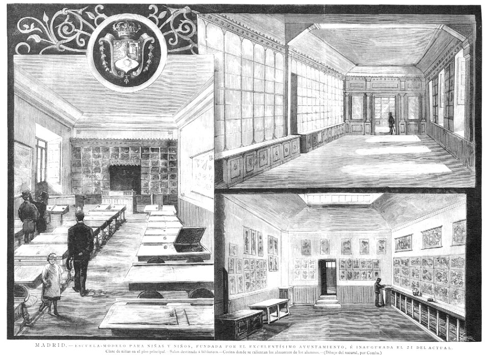 Madrid, Escuela-Modelo, inaugurada el 21 de septiembre de 1885, de Comba, La Ilustración Española y Americana, 30-09-1885