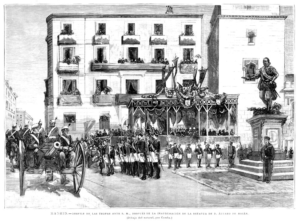 Madrid. — Desfile de las tropas ante su S. M., después de la inauguración de la estatua de D. Álvaro de Bazán