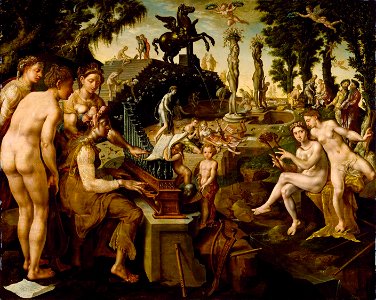 Maerten van Heemskerck - Concert of Apollo and the Muses on Mount Helicon (Chrysler Museum of Art). Free illustration for personal and commercial use.