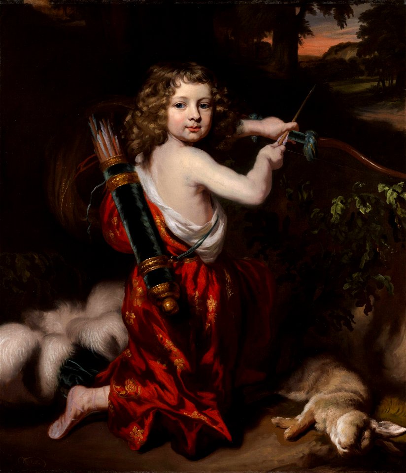 Nicolaes Maes - A Portrait of a young Boy dressed as a Hunter
