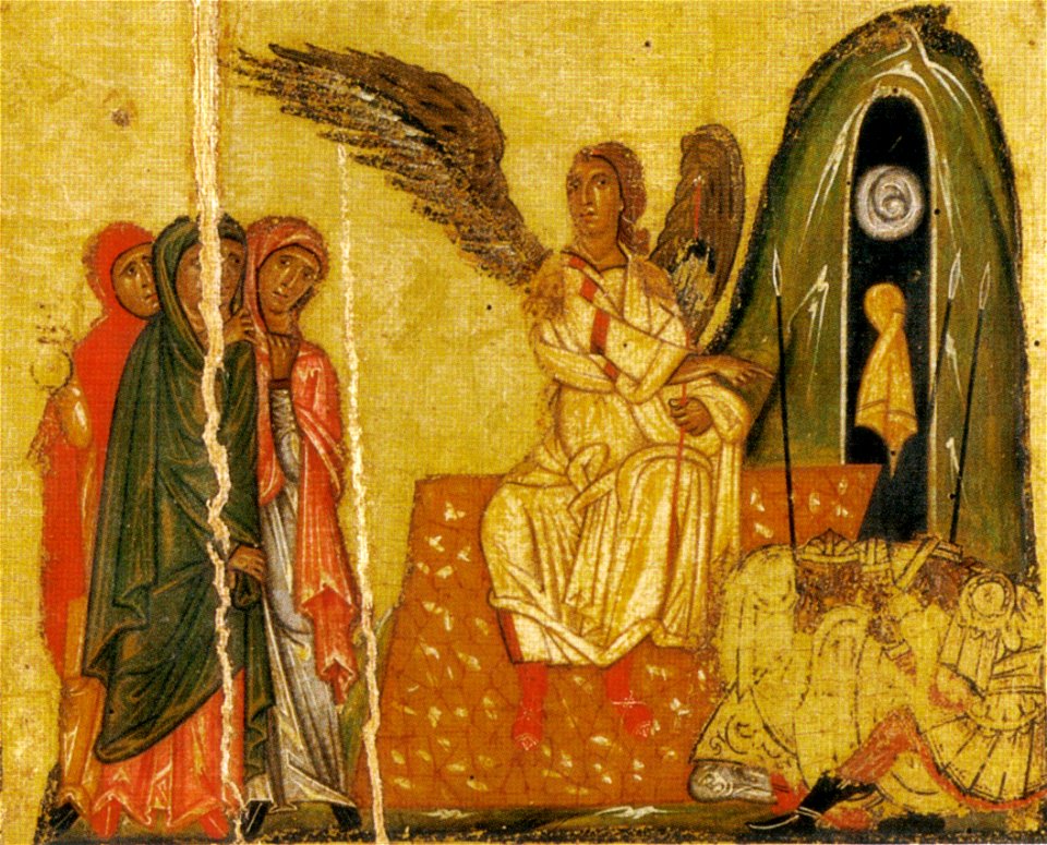 Maestro della croce 434, crocifisso 434, uffizi, dettaglio pie donne al sepolcro