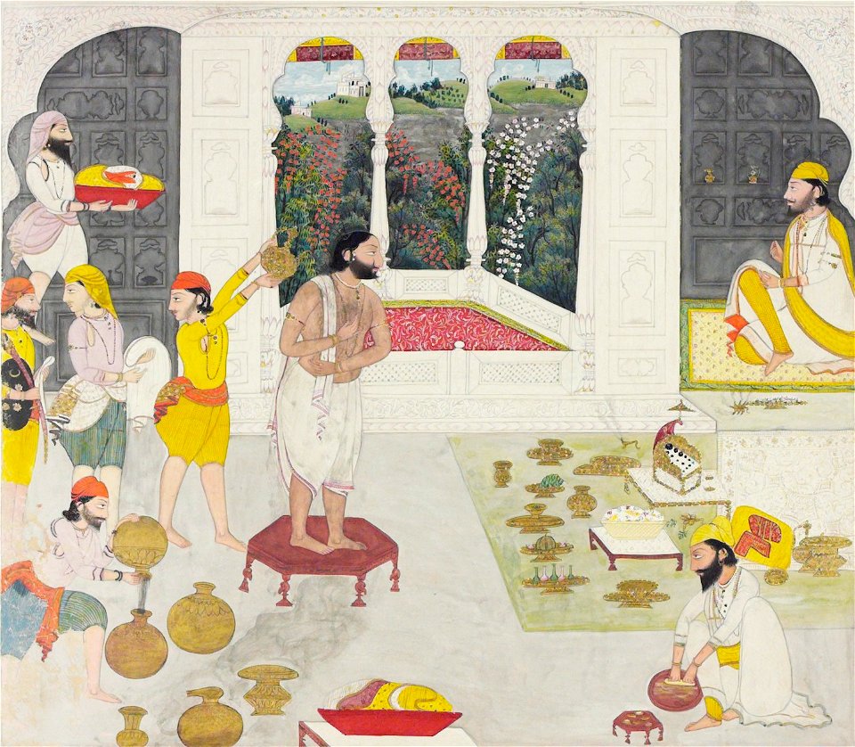 Maharaja Gulab Singh of Jammu taking his bath prior to worship