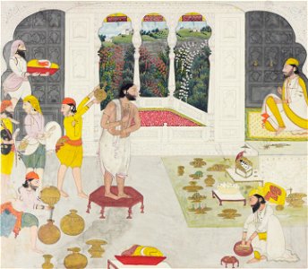 Maharaja Gulab Singh of Jammu taking his bath prior to worship