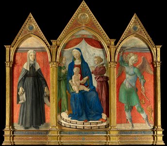 Maestro di Pratovecchio, trittico con Maestà, Santa Brigida e san Michele