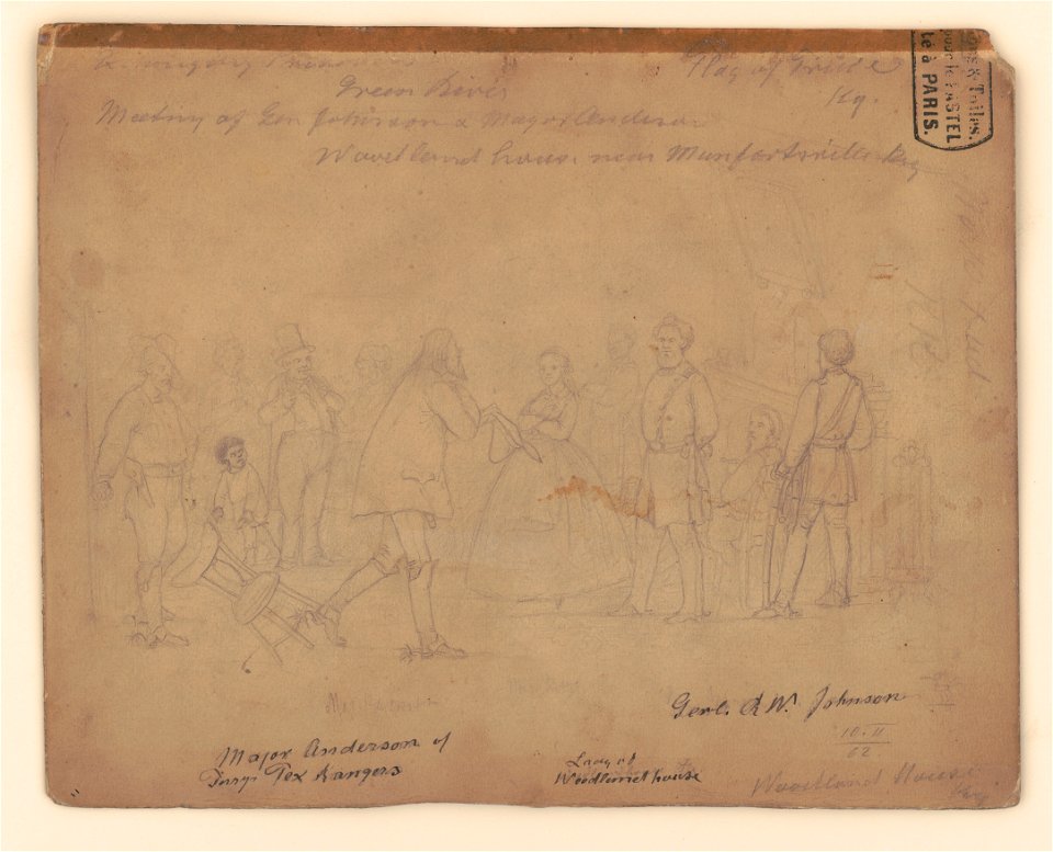 Major Anderson of Terry's Texas Rangers, a lady of Woodson House, and General Richard W. Johnson, exchanging prisoners, Woodson House, near Munfordville, Kentucky, February 10, 1862 LCCN2017646905