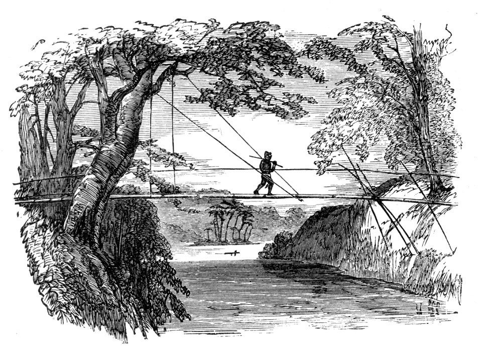 Malay Archipelago Dyak crossing a bamboo bridge
