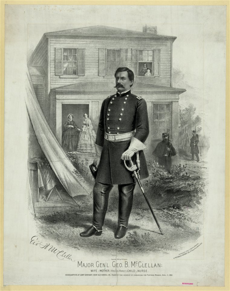 Major Gen'l. Geo. B. McClellan, wife, mother (Mrs. Gen. Marcy), child, nurse, headquarters at Camp Seminary, near Alexandria Va., taken at the moment of embarking for Fortress Monroe, April LCCN90715233