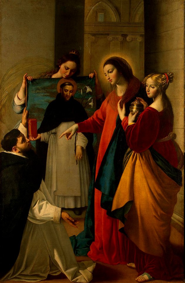 Maino La Virgen con Santa María Magdalena y Santa Catalina aparecen ante un monje Dominico en Soriano. c. 1630. Óleo sobre lienzo. 203 x 134 cm. Museo del Hermitage. San Petersburgo. Rusia