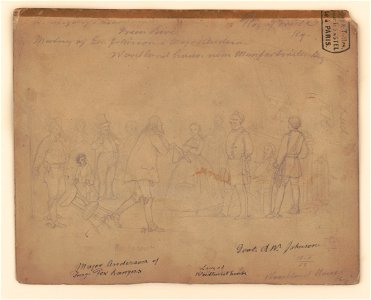 Major Anderson of Terry's Texas Rangers, a lady of Woodson House, and General Richard W. Johnson, exchanging prisoners, Woodson House, near Munfordville, Kentucky, February 10, 1862 LCCN2017646905